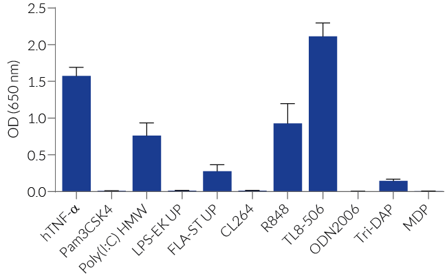 Response of HEK-Blue™ hTLR8 cells to various PRR agonists and cytokines